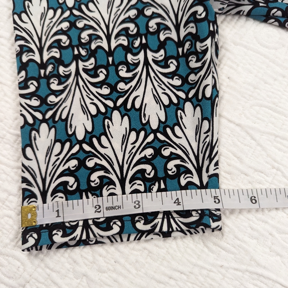 Wrap Dress (Faux) Stretch Elbow Sleeve Print Blue/Green Pullover M - Picture 10 of 14